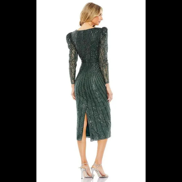 Mac Duggal Long Sleeve Beaded Lace Sequin Green Midi Cocktail Dress Sz 4 NWT - Picture 7 of 16